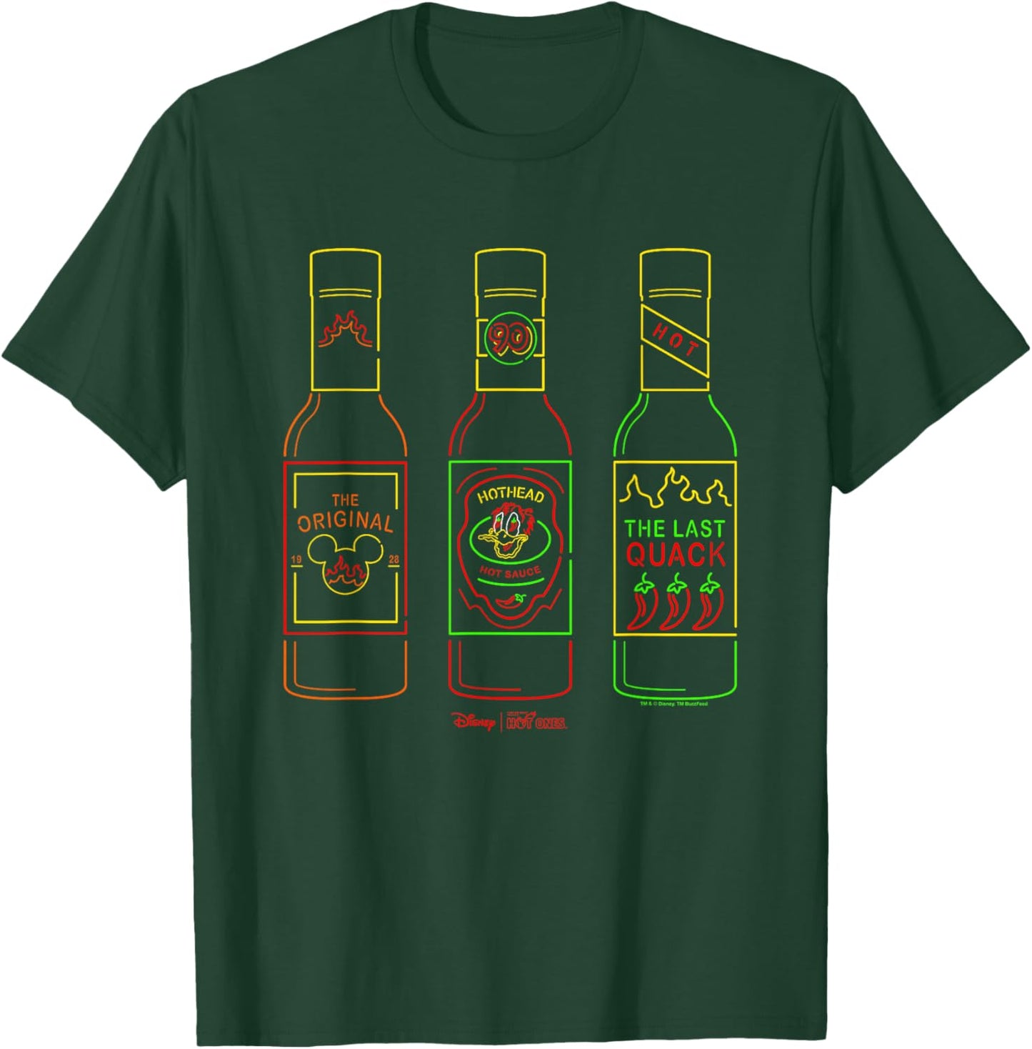 Disney Hot Ones Donald Duck Sauces Lineup Retro Neon Outline T-Shirt - T-Shirt | Forest
