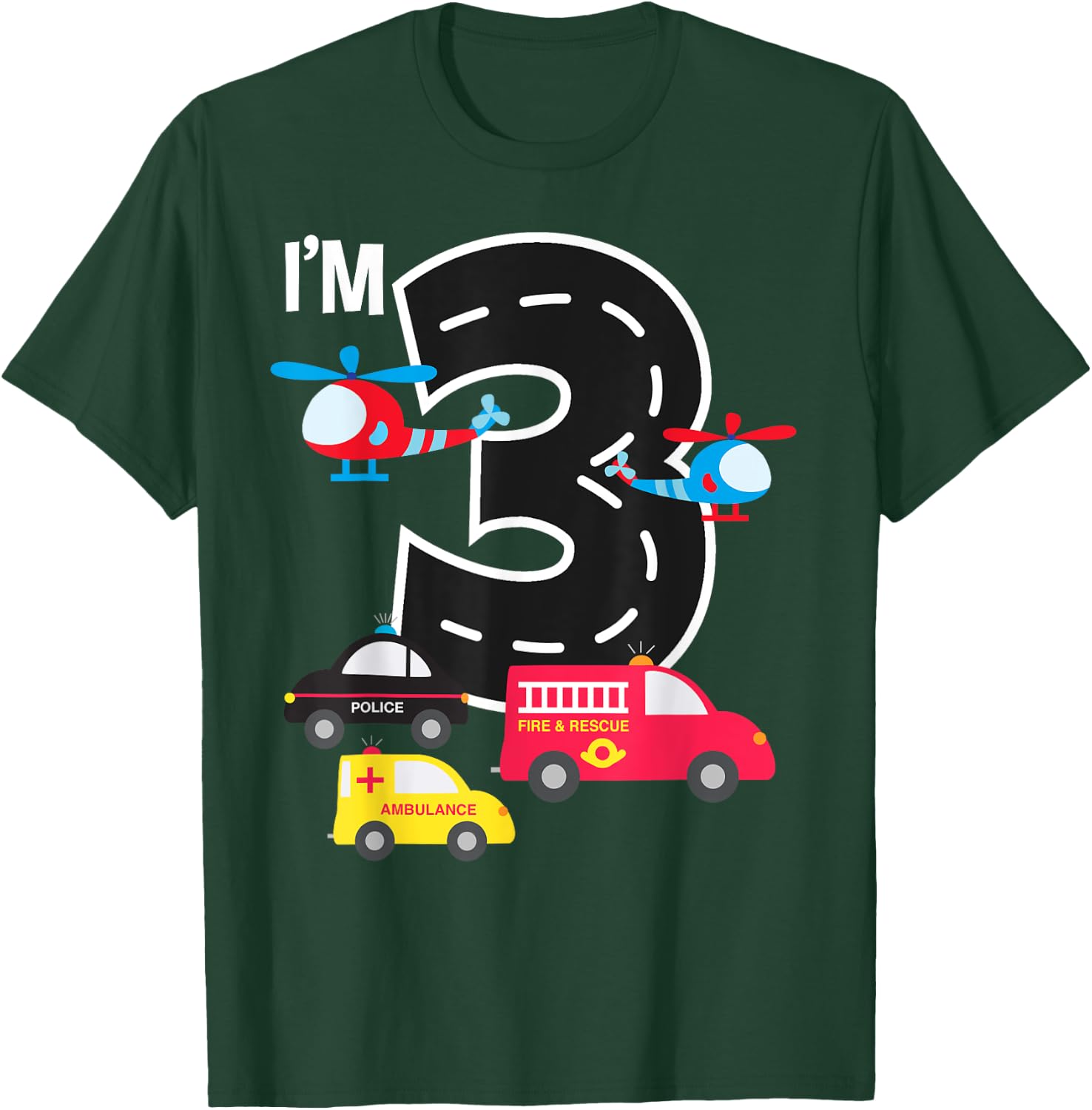3rd Birthday Fire Truck Police Car Ambulance 3 Year Toddler T-Shirt - T-Shirt | Forest