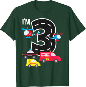 3rd Birthday Fire Truck Police Car Ambulance 3 Year Toddler T-Shirt - T-Shirt | Forest