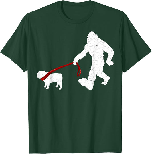 Funny Bigfoot Walking With Bulldog Dog Gifts T-Shirt - T-Shirt | Forest