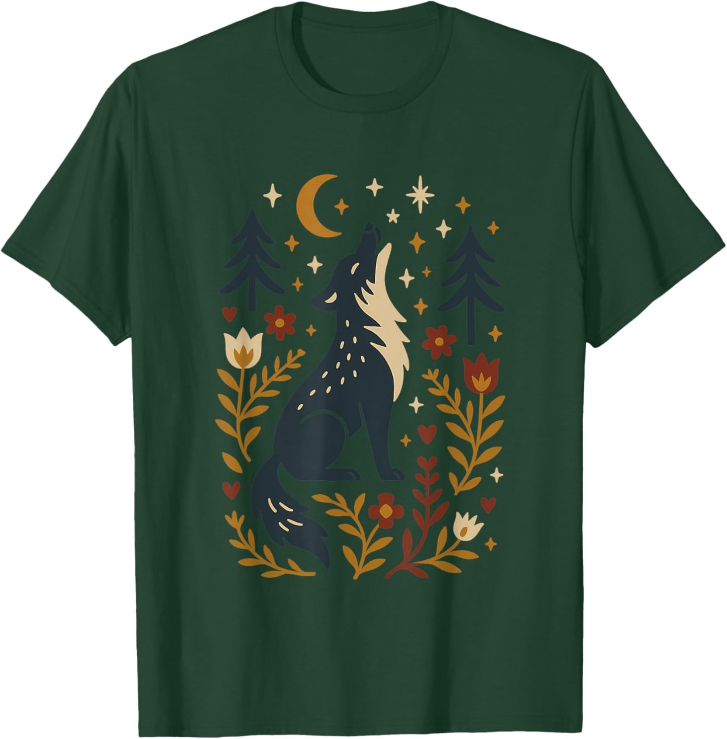 Scandinavian Folk Art Wolf Howling Botanical Floral T-Shirt - T-Shirt | Forest