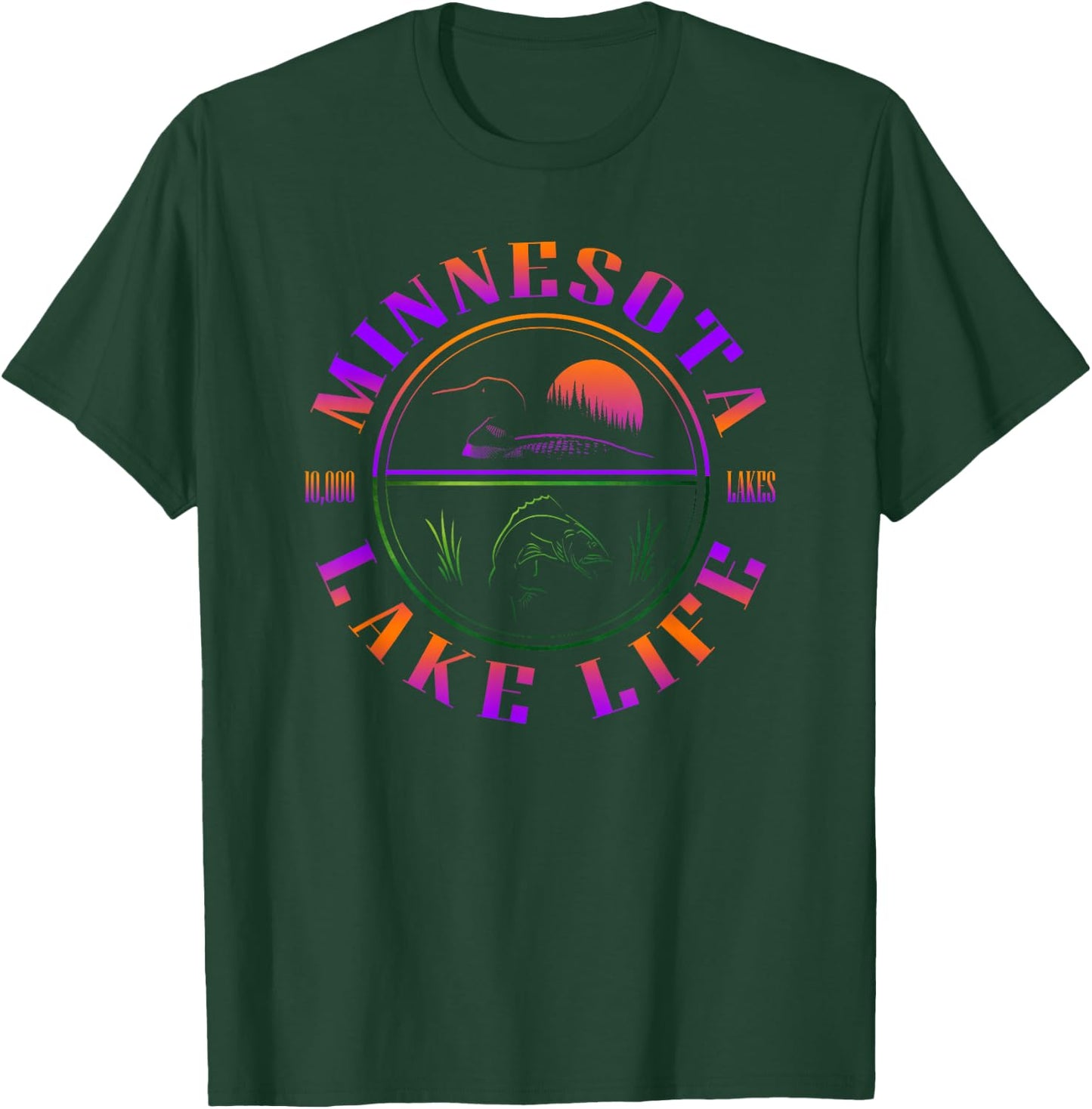 Minnesota Lake Life with Loon, Walleye, and Sunset T-Shirt - T-Shirt | Forest