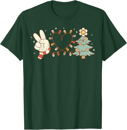 Peace Love Christmas Tree Heart Funny Xmas Holiday Vibes T-Shirt - T-Shirt | Forest