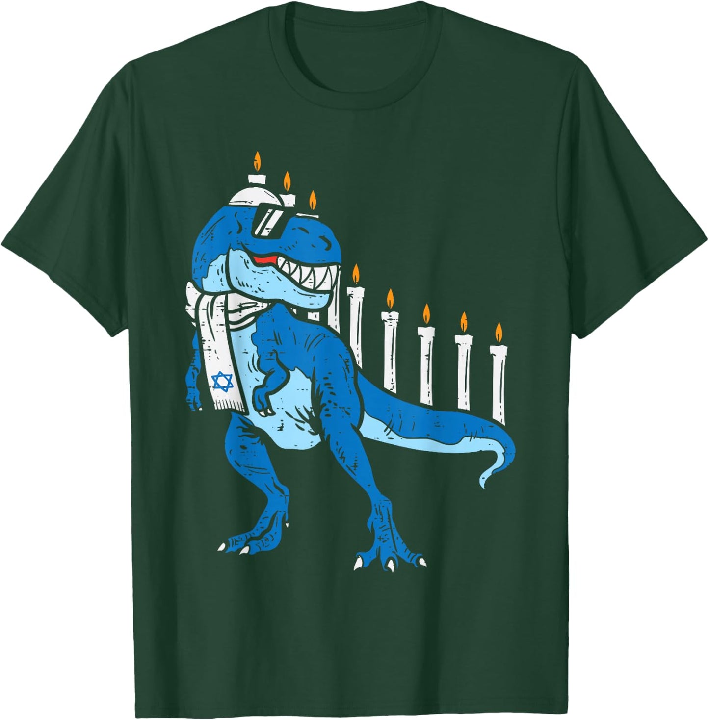 BoredKoalas Hanukkah Shirts Jew Chanukah Gifts Trex Dinosaur Menorah Kids Boys Black Short Sleeve Classic Fit Cotton Polyester T-Shirt - T-Shirt | Forest