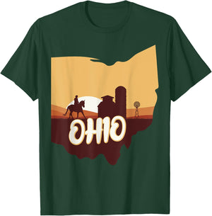 Ohio Map Horse Riding Cowboy Barn Windmill Ohio Souvenirs T-Shirt - T-Shirt | Forest
