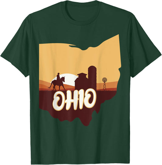 Ohio Map Horse Riding Cowboy Barn Windmill Ohio Souvenirs T-Shirt - T-Shirt | Forest
