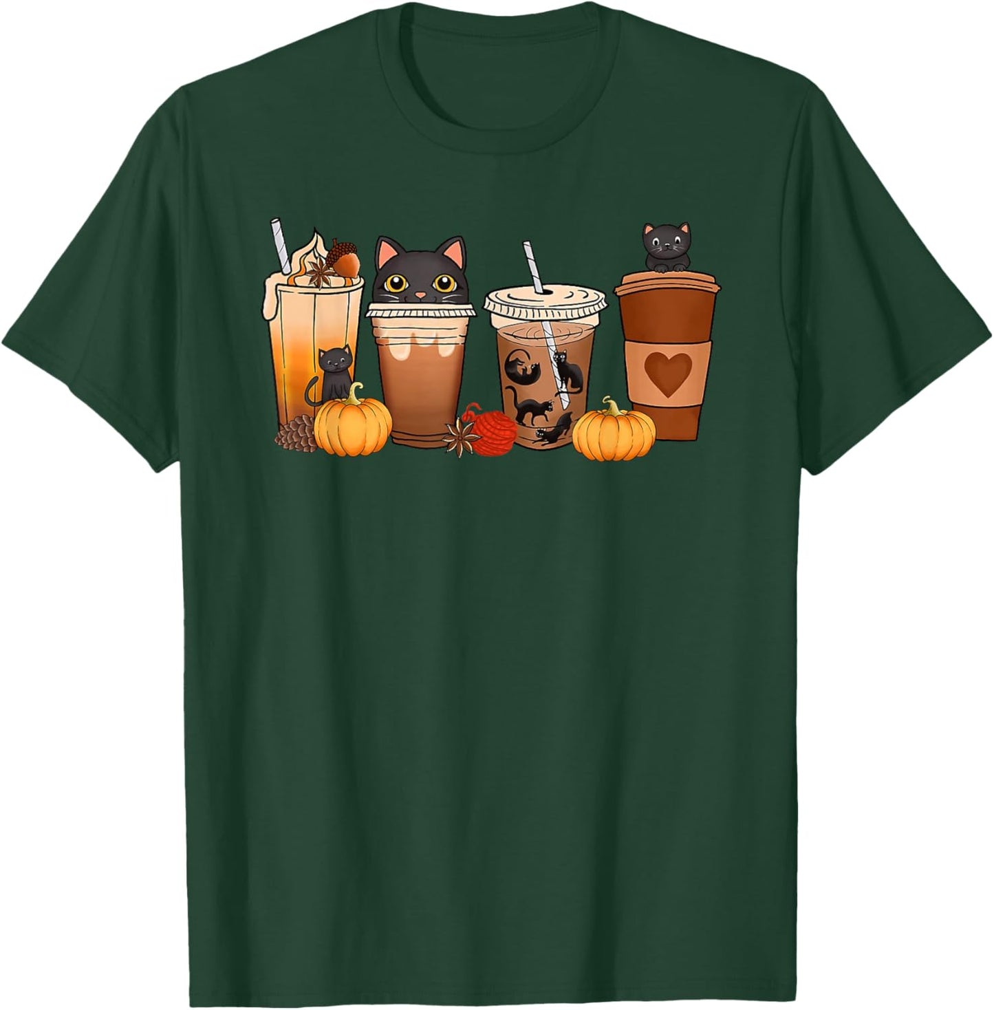Black Cat Halloween Iced Coffee Cups Fall Pumpkin Kitten Women Kids T-Shirt - T-Shirt | Forest
