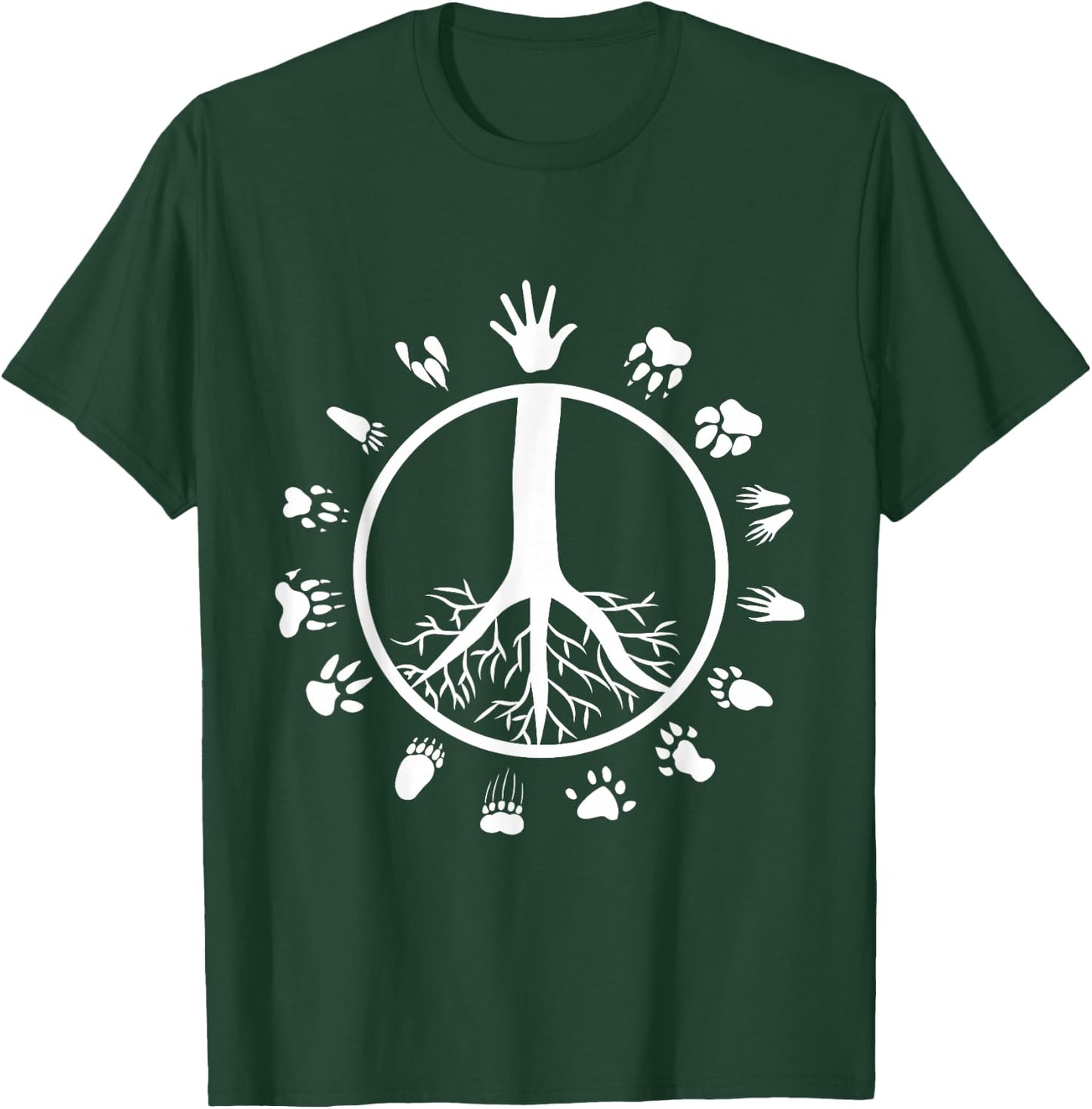 Peace Sign Tree Roots Animal Footprints Vegan T-Shirt - T-Shirt | Forest