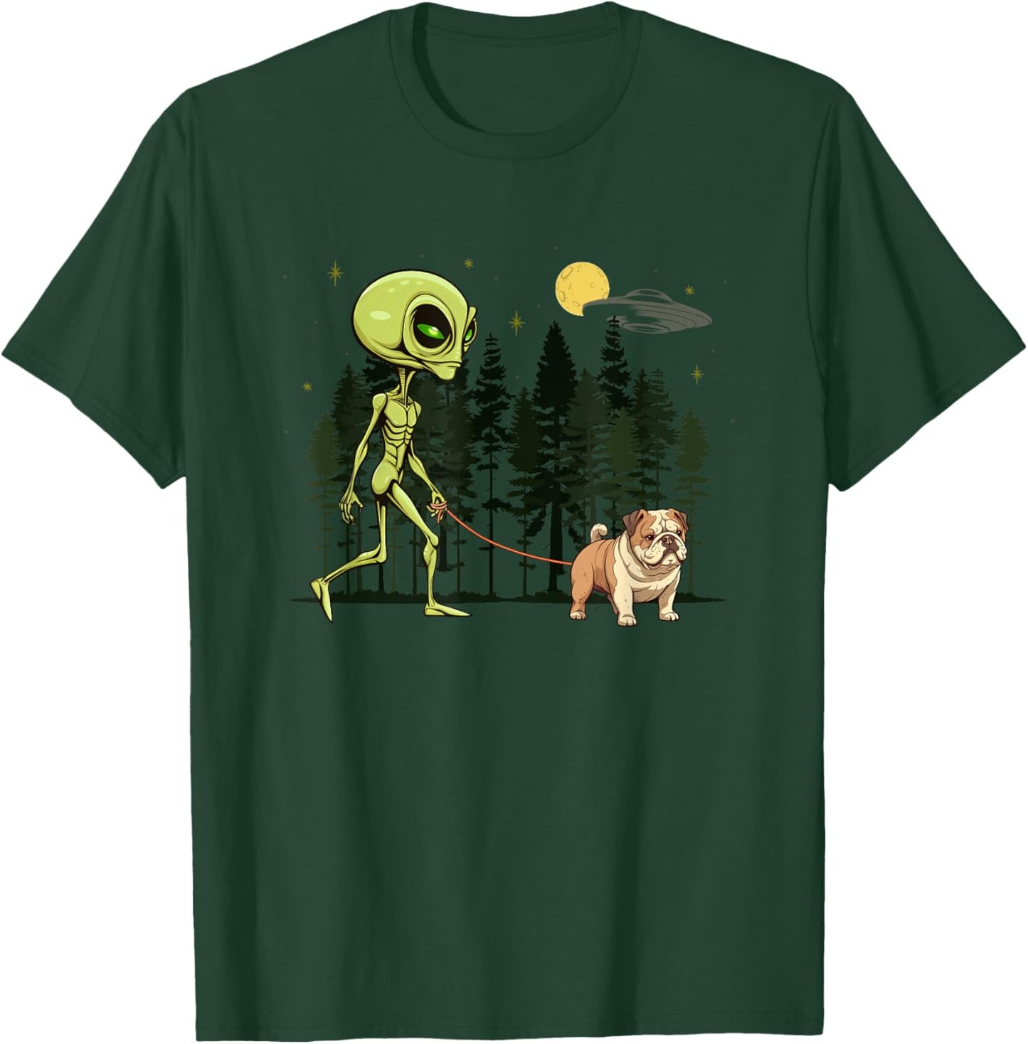 Funny English Bulldog Alien Walking UFO Pet Dog Mom Dad T-Shirt - T-Shirt | Forest