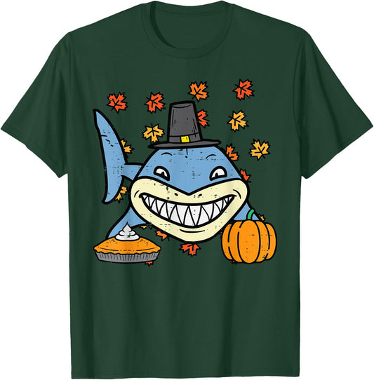 Thanksgiving Pilgrim Shark Cute Fall Autumn Men Women Kids T-Shirt - T-Shirt | Forest