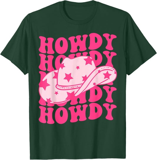 Western Country Rodeo Cowgirl Hat Women Girls Groovy Howdy T-Shirt - T-Shirt | Forest