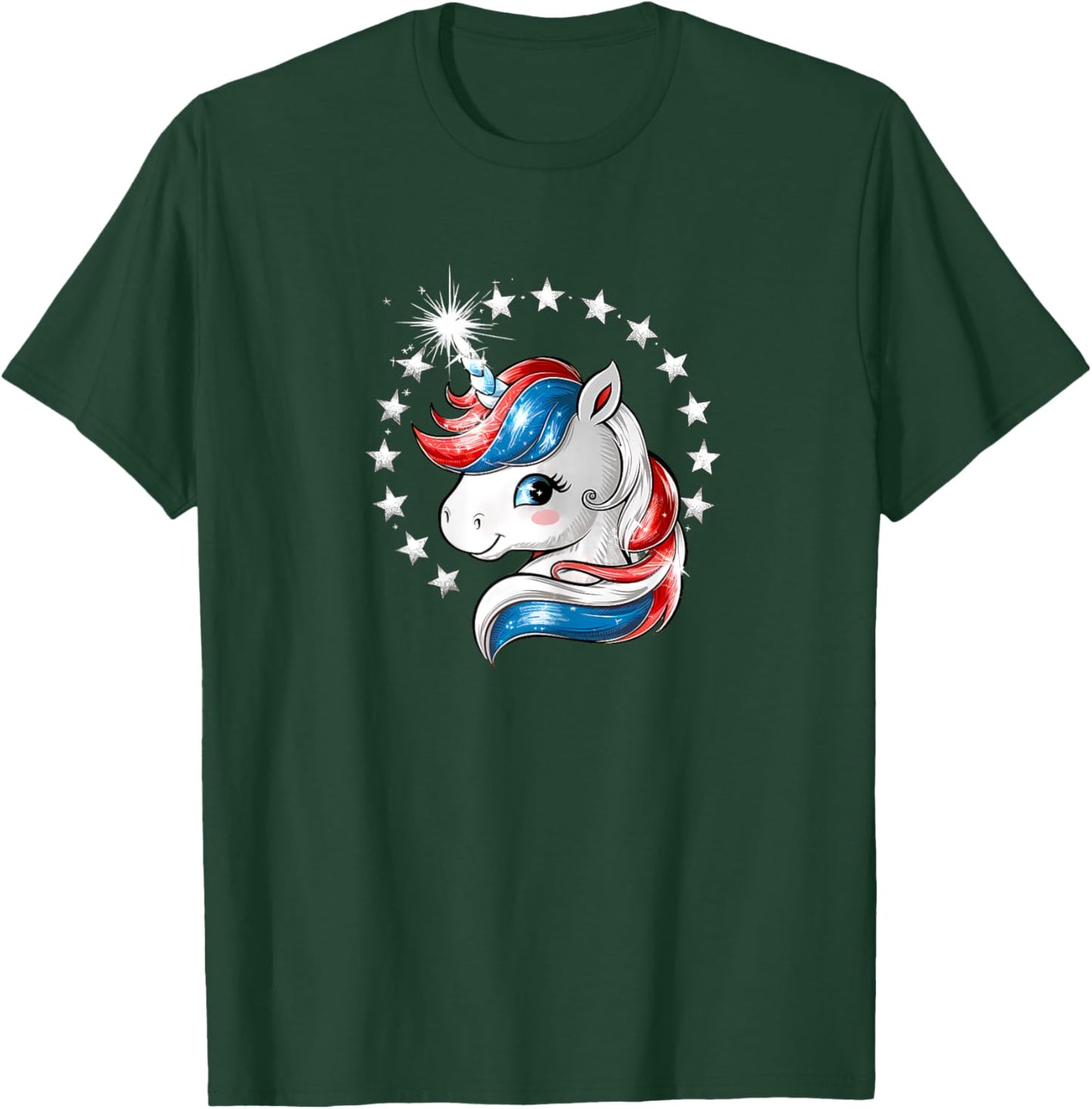 Patriotic Unicorn 4th of July Red White Blue Stars Girls T-Shirt - T-Shirt | Forest