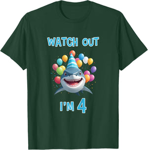 Shark Birthday Watch Out I'm 4 Years Old 4th Birthday T-Shirt - T-Shirt | Forest