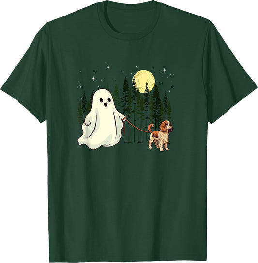 Cavalier King Charles Spaniel Walking Ghost Halloween Funny T-Shirt - T-Shirt | Forest