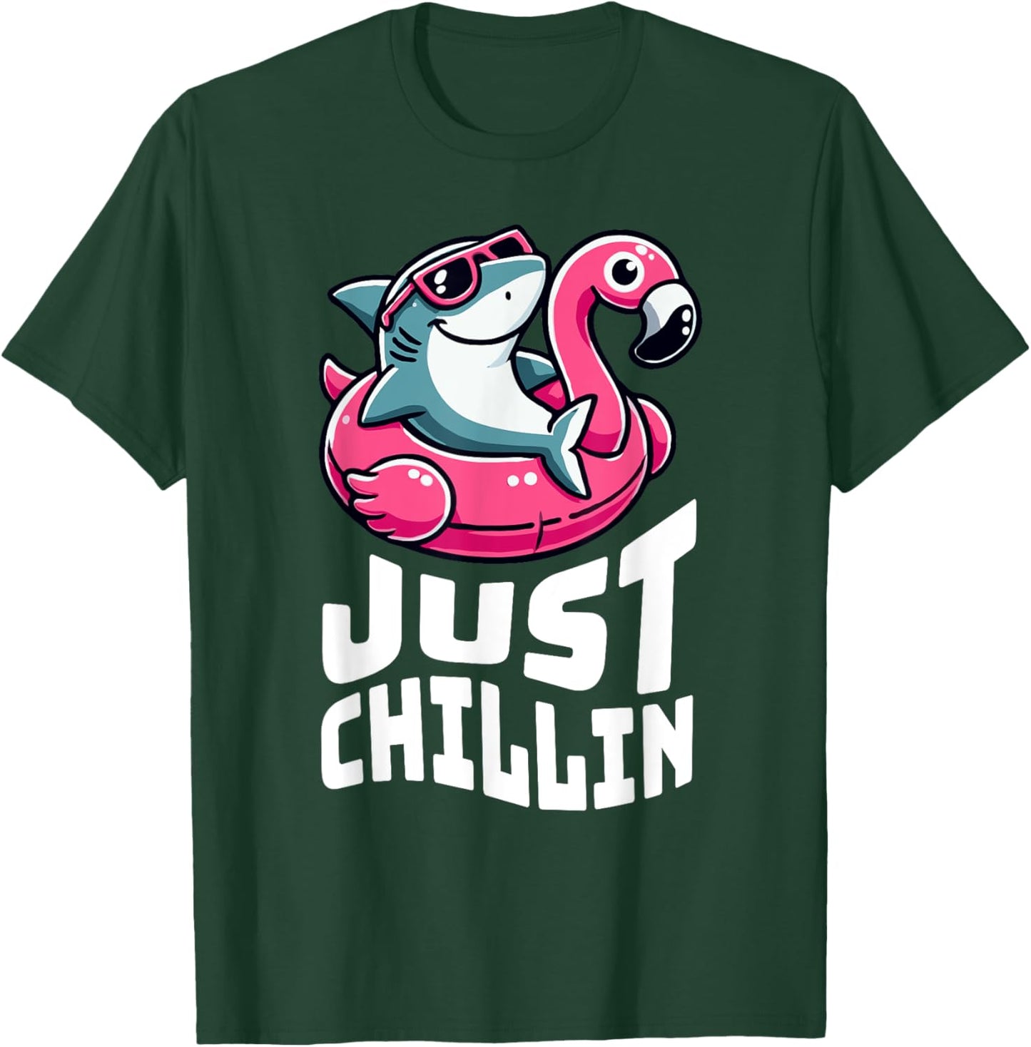 Funny Shark Just Chillin on Flamingo Float T-Shirt - T-Shirt | Forest