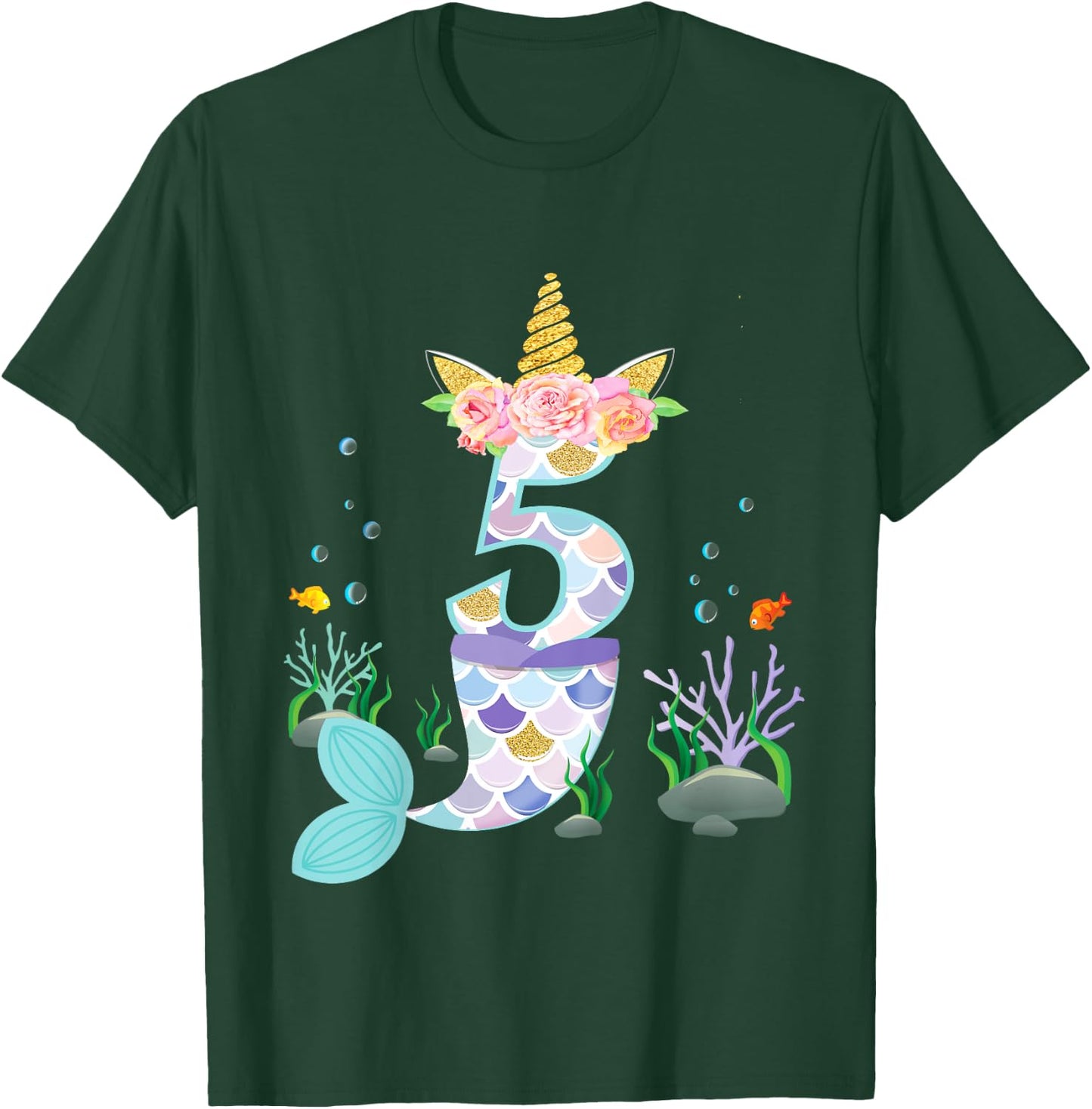 5 Year Old Unicorn Mermaid Birthday Theme Tail Girl 5th Gift T-Shirt - T-Shirt | Forest