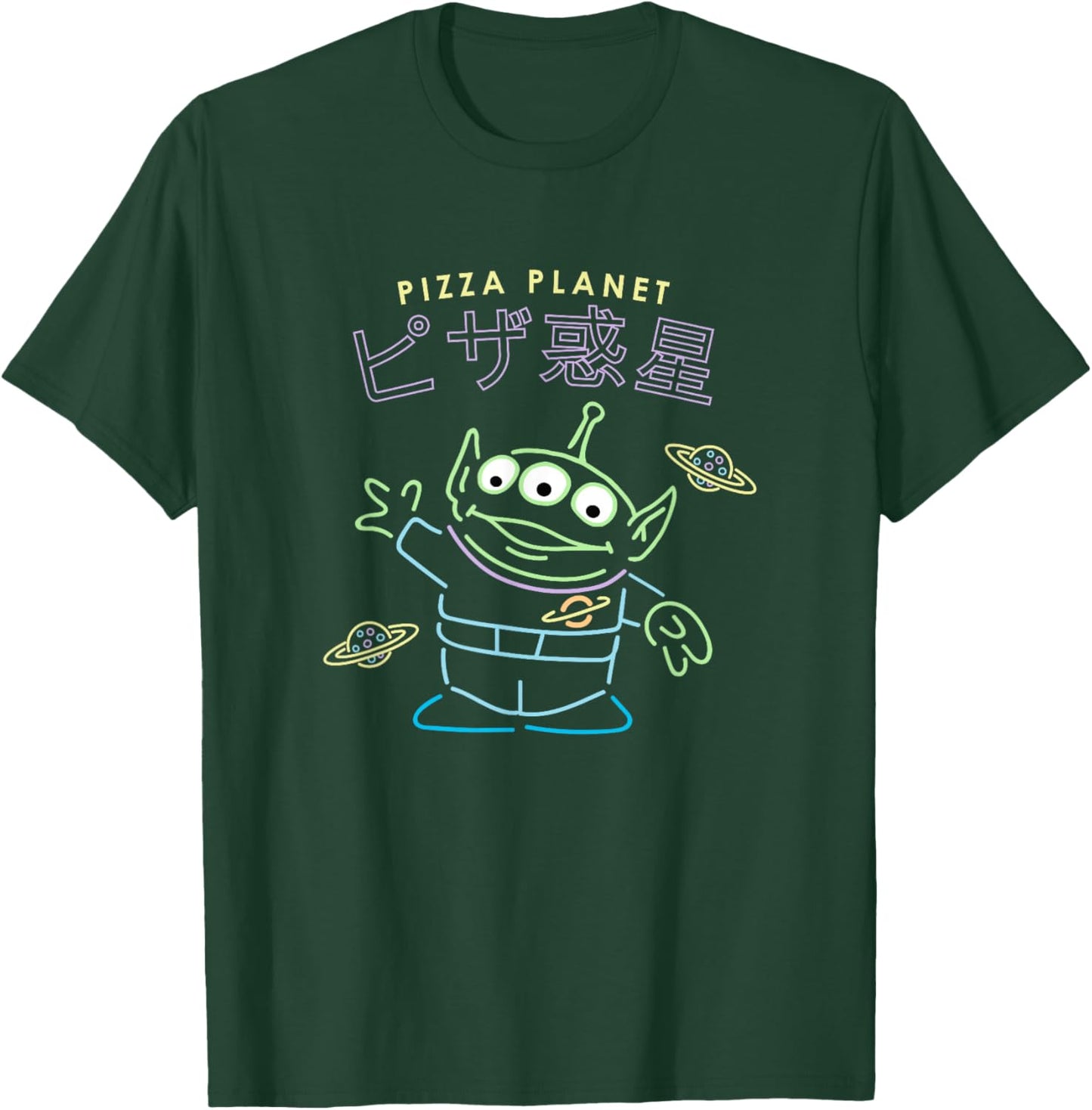 Disney Pixar Toy Story Pizza Planet Alien Neon Kanji Poster T-Shirt - T-Shirt | Forest