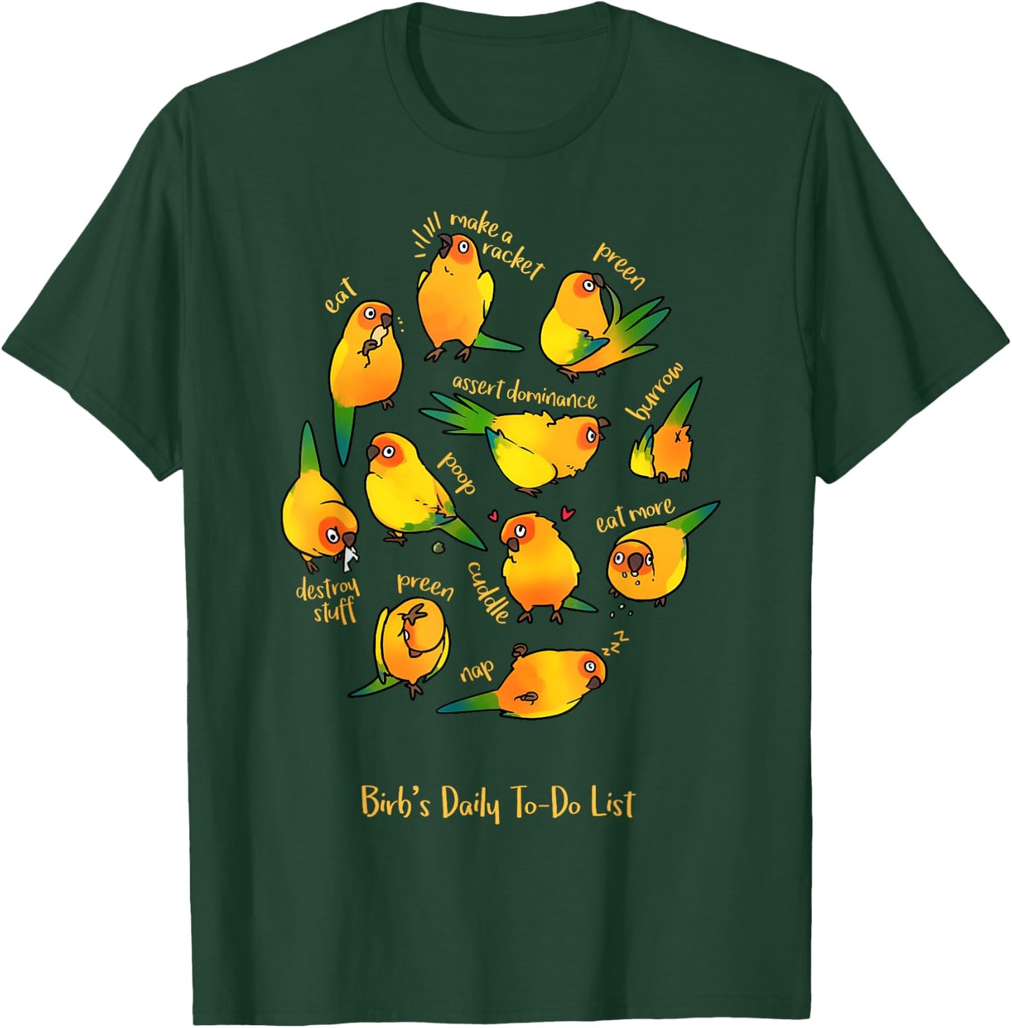 Birbber Sun Conure's Daily To-Do List - Kids Adults Black Cotton Short Sleeve T-Shirt - T-Shirt | Forest