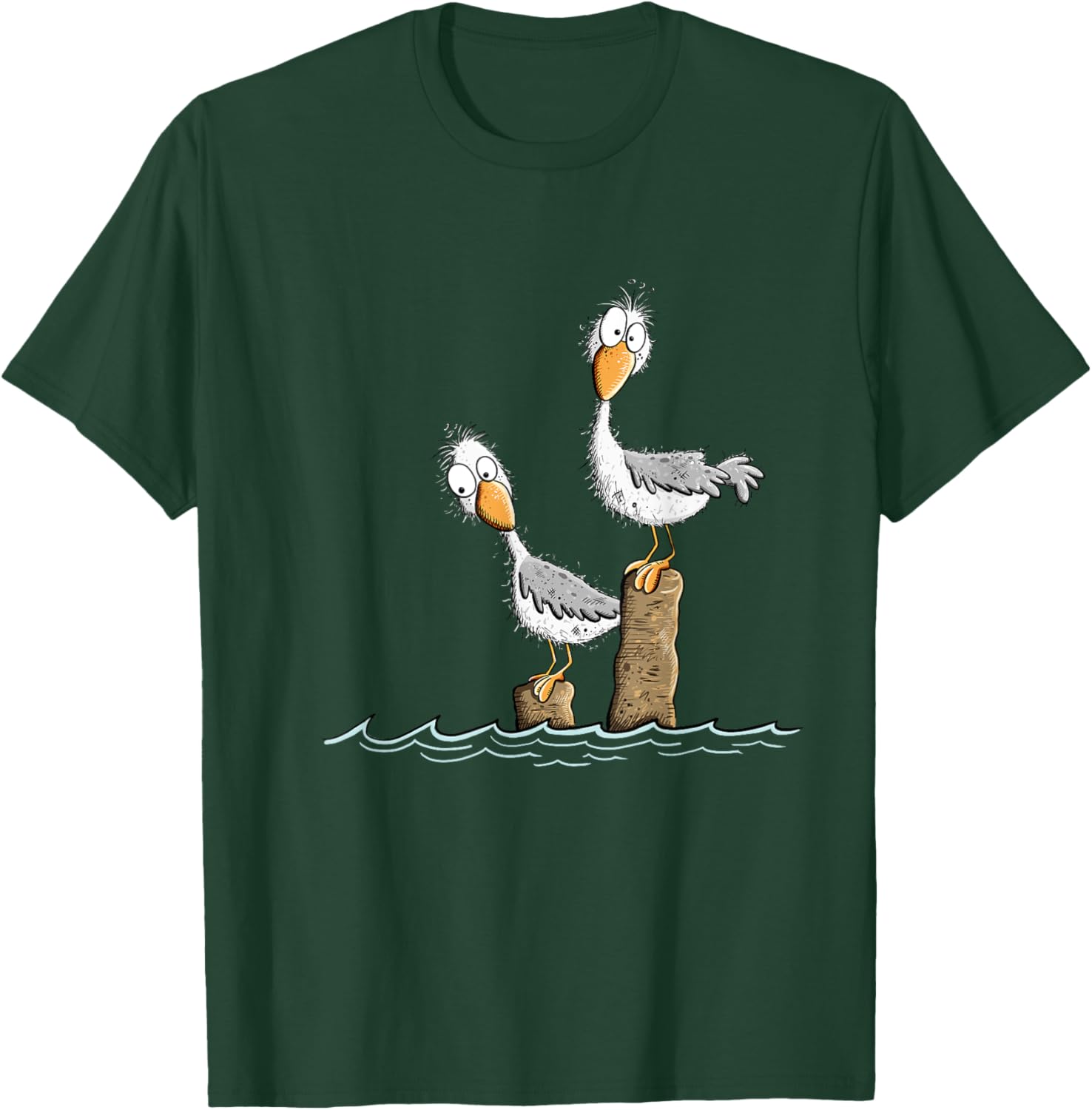 Funny Gulls on the Wharf Design Cartoon Sea Bird , Black, S T-Shirt - T-Shirt | Forest