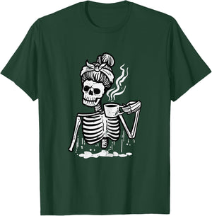 Halloween Skeleton Messy Bun Coffee Funny Costume Mom Women T-Shirt - T-Shirt | Forest