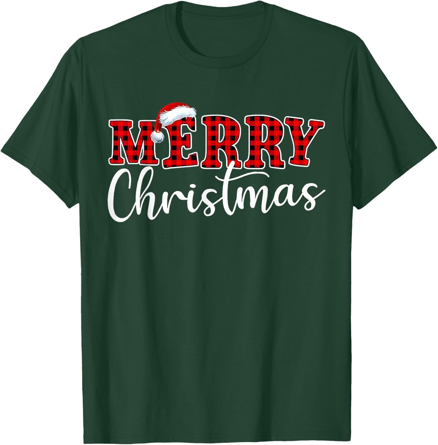 Merry Christmas Buffalo Plaid Red Santa Hat Xmas Pajamas T-Shirt - T-Shirt | Forest