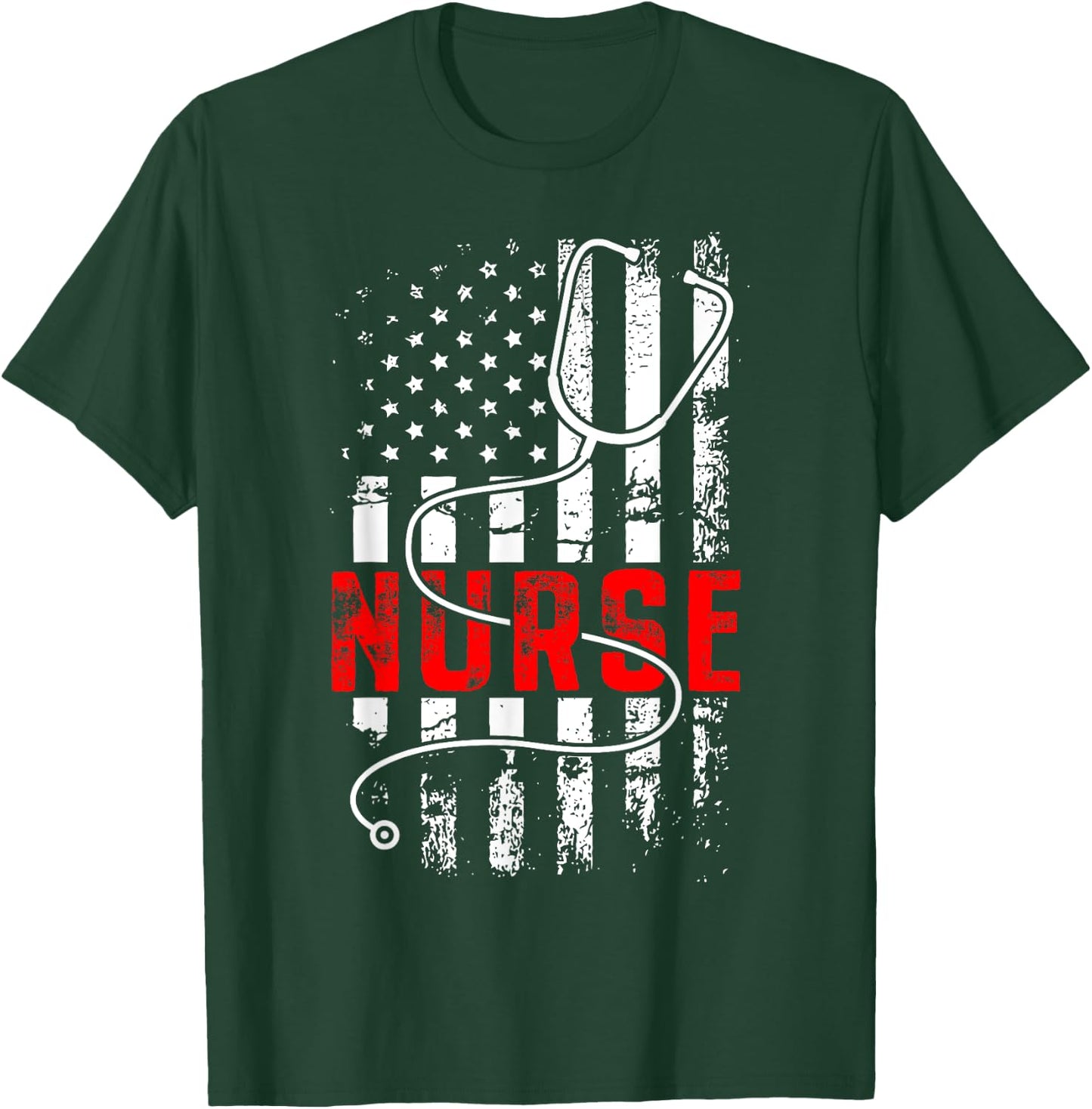 Patriotic Nurse USA Flag Stethoscope Funny Nurse Careers T-Shirt - T-Shirt | Forest