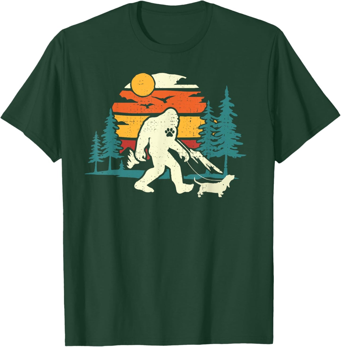 Retro Bigfoot Walking Basset Hound Dog Walker Sasquatch Women Girls Kids T-Shirt - T-Shirt | Forest