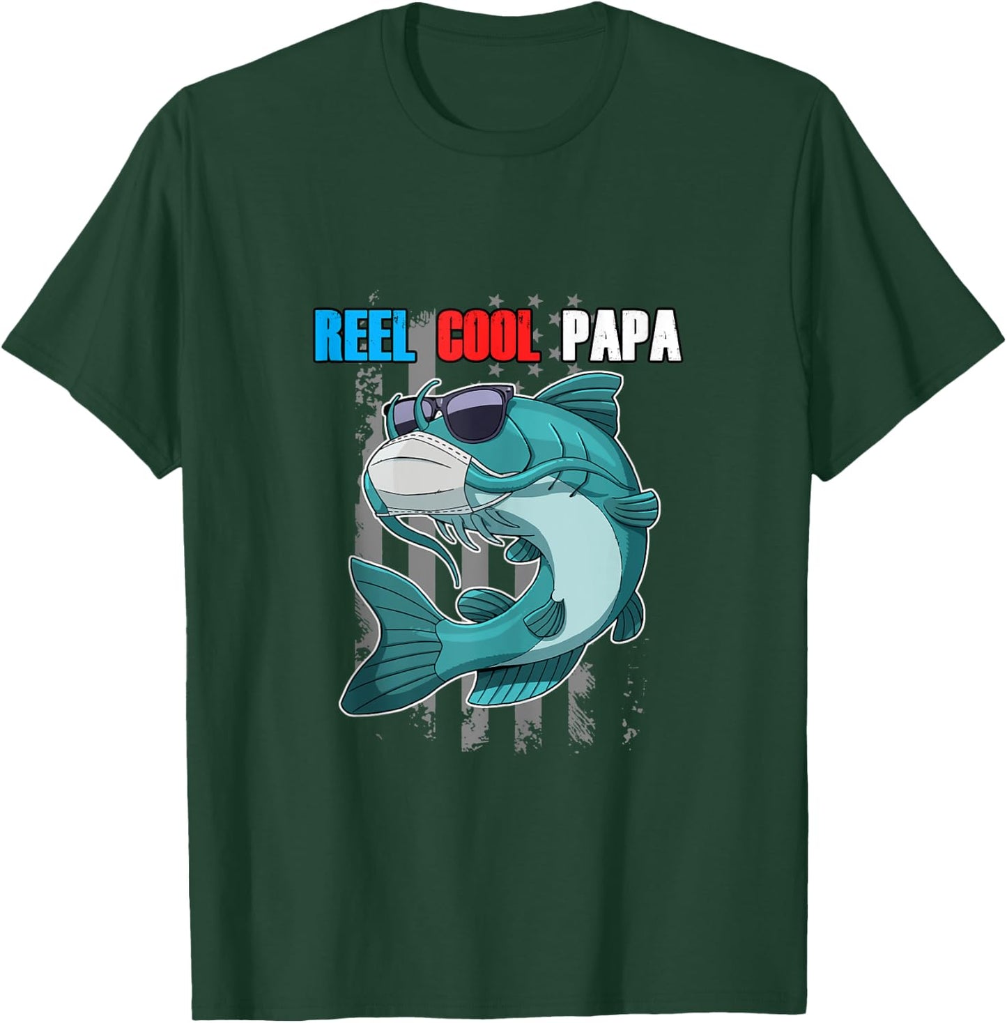 Reel Cool Papa Fish In Mask Sunglasses USA Flag Fishing T-Shirt - T-Shirt | Forest
