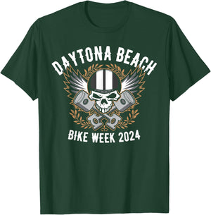 Daytona Beach Bike Week 2024 Retro Motorcycle Skull Design Men Women T-Shirt - T-Shirt | Forest