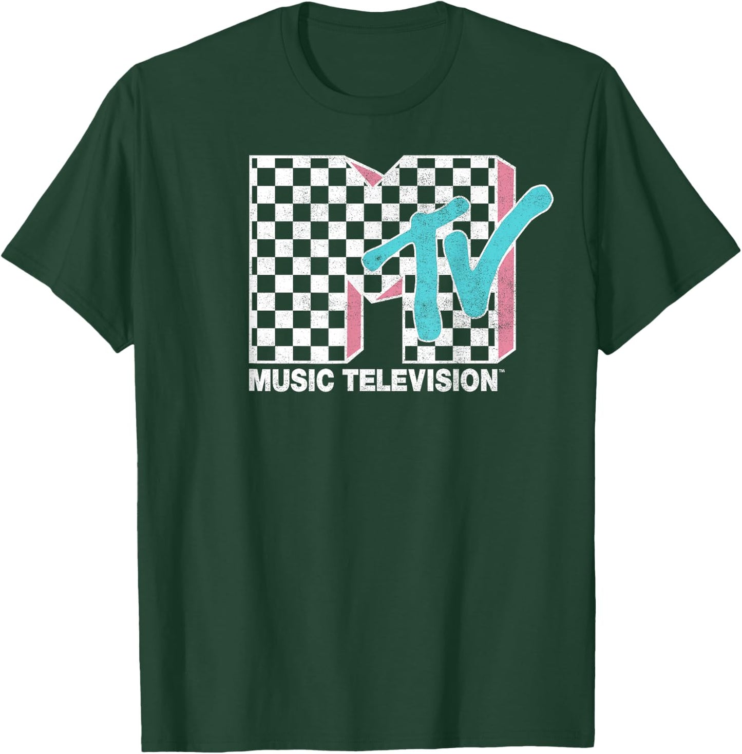 MTV Neon Distressed Checkered Logo Graphic T-Shirt - T-Shirt | Forest