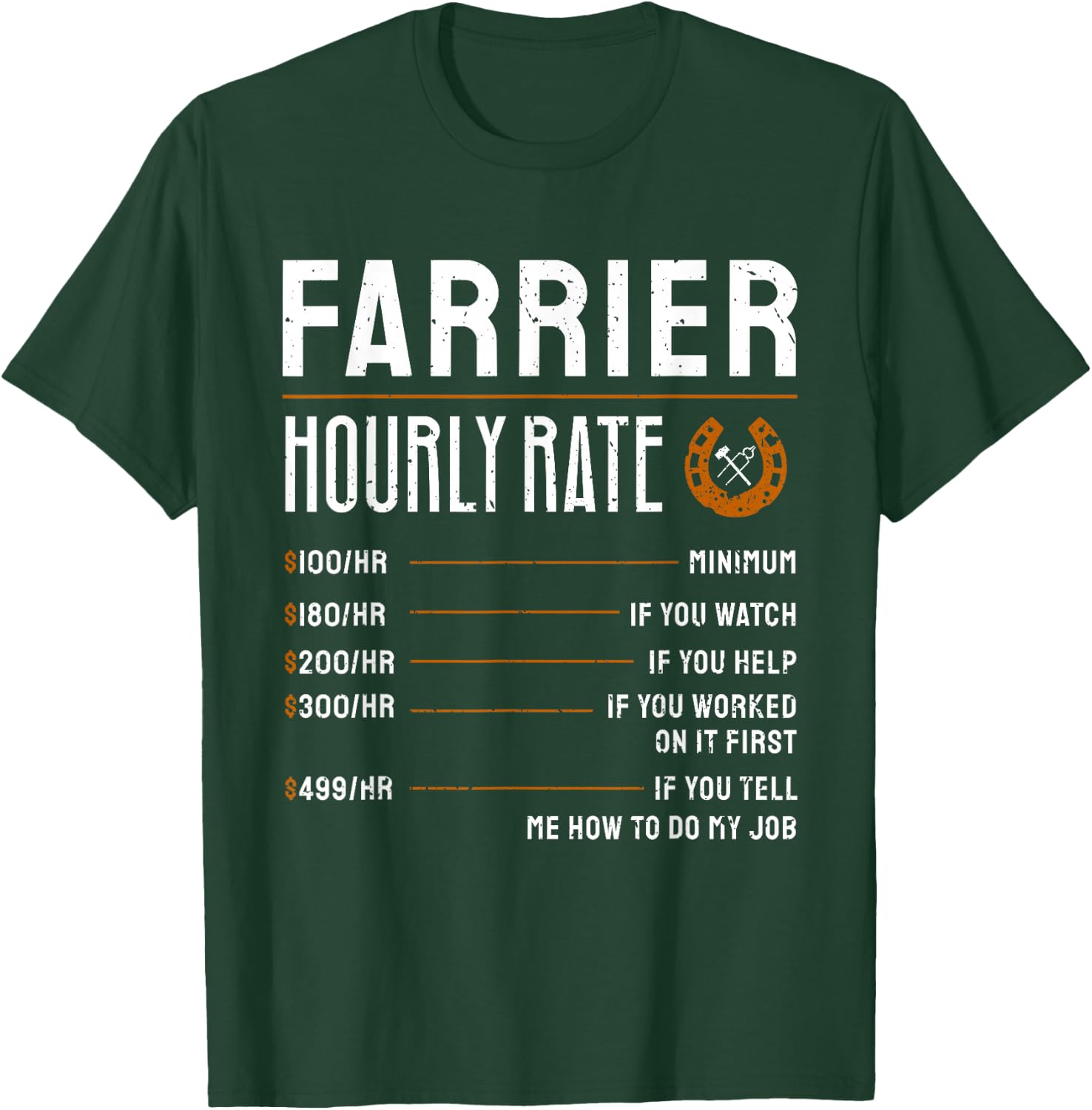 Horse Foot Care Specialist Job Title Wage Chart Funny Farrier Rates Labor Horseshoer Equine Hoof Worker Gift T-Shirt - T-Shirt | Forest