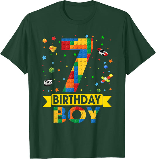 Kids Funny 7 Year Old Building Blocks 7th Birthday Boy T-Shirt - T-Shirt | Forest