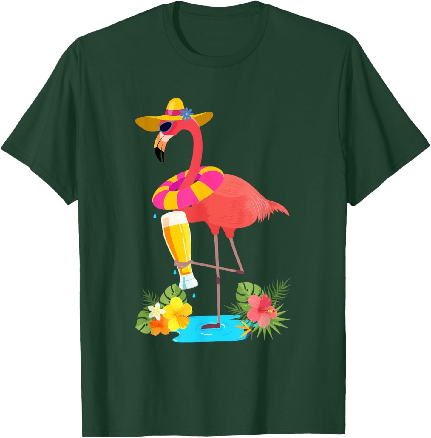 Pink Flamingo Drinking Beer Summer Vacation Beer Lover T-Shirt - T-Shirt | Forest