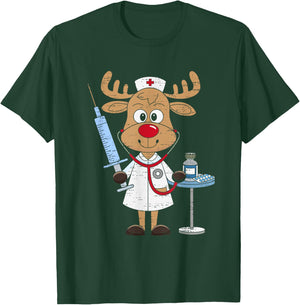Reindeer Nurse Scrub Tops Christmas Stethoscope Nursing Xmas T-Shirt - T-Shirt | Forest
