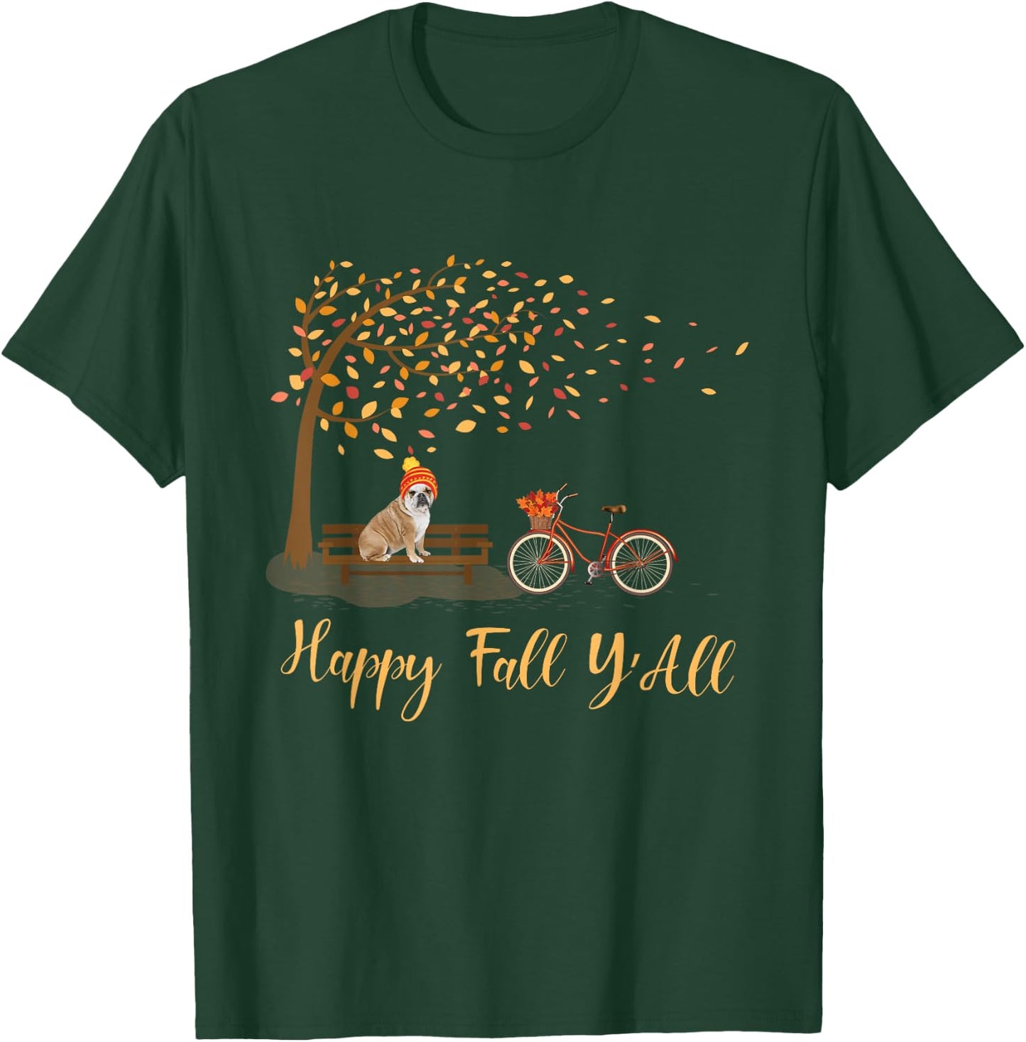 Happy Fall Y'All Funny English Bulldog Autumn Season Bicycle Women Kids T-Shirt - T-Shirt | Forest