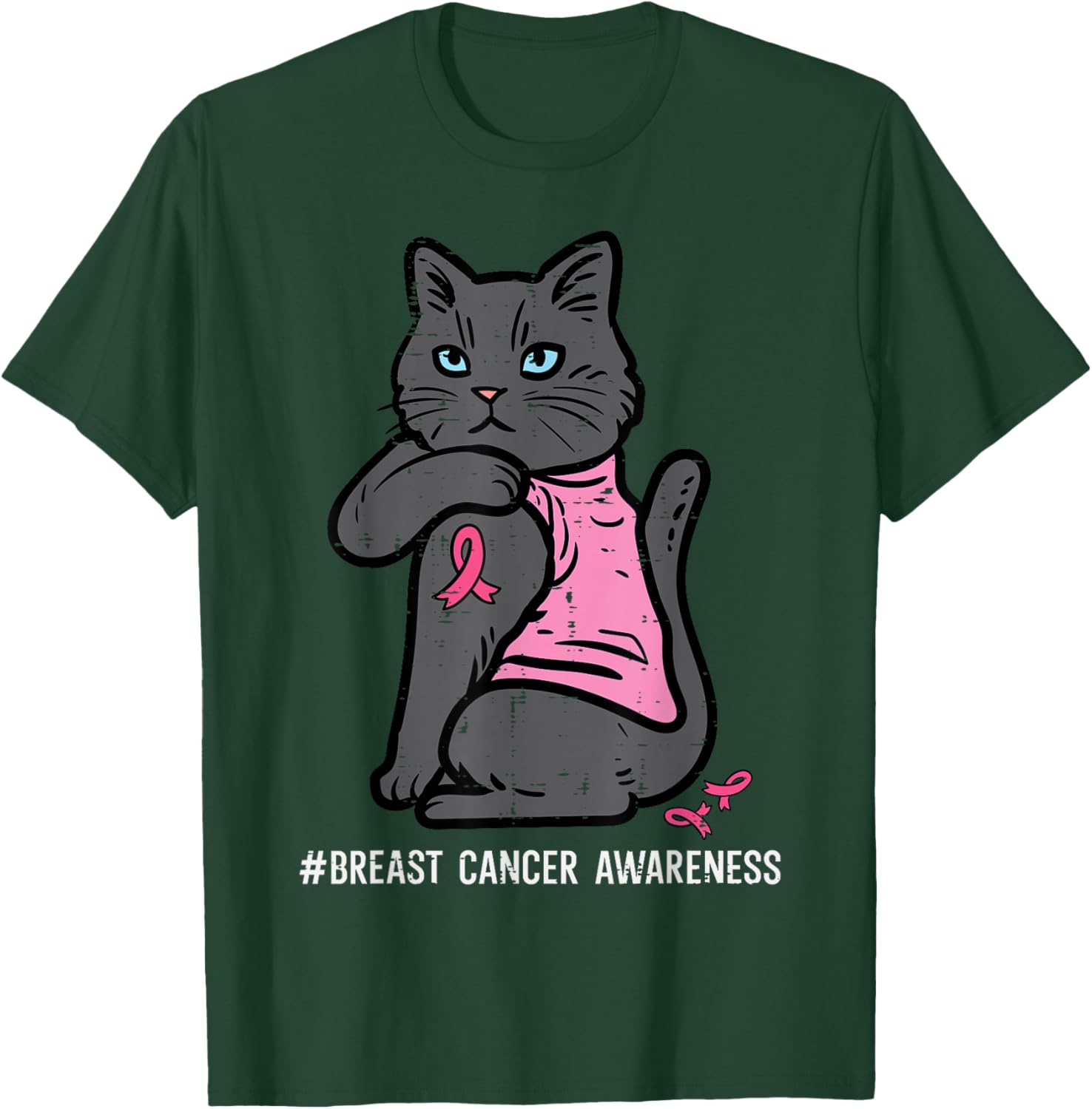 Breast Cancer Cat Pink Ribbon Awareness Women Girls Kids T-Shirt - T-Shirt | Forest