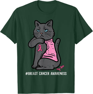 Breast Cancer Cat Pink Ribbon Awareness Women Girls Kids T-Shirt - T-Shirt | Forest