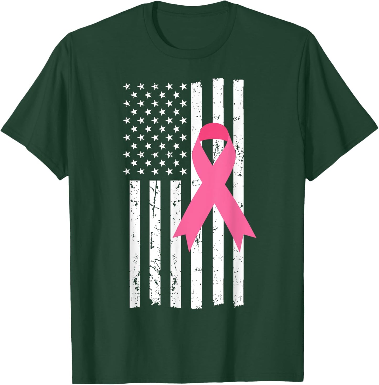 US Flag Pink Ribbon Cool Breast Cancer Awareness Gifts T-Shirt - T-Shirt | Forest