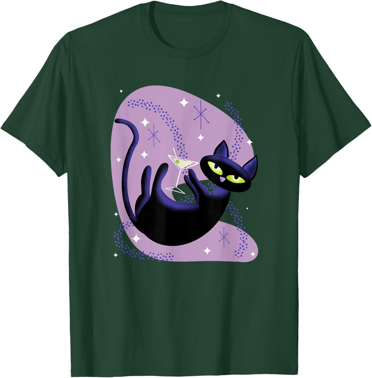 Cool Retro Atomic Cat Swimming in Space with Martini Men Women T-Shirt - T-Shirt | Forest