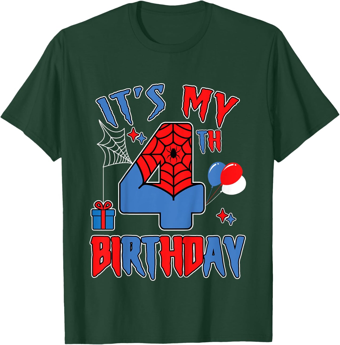Kids 4th Birthday Spider Web Theme Party four 4 Year Bday Boy T-Shirt - T-Shirt | Forest