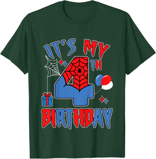 Kids 4th Birthday Spider Web Theme Party four 4 Year Bday Boy T-Shirt - T-Shirt | Forest