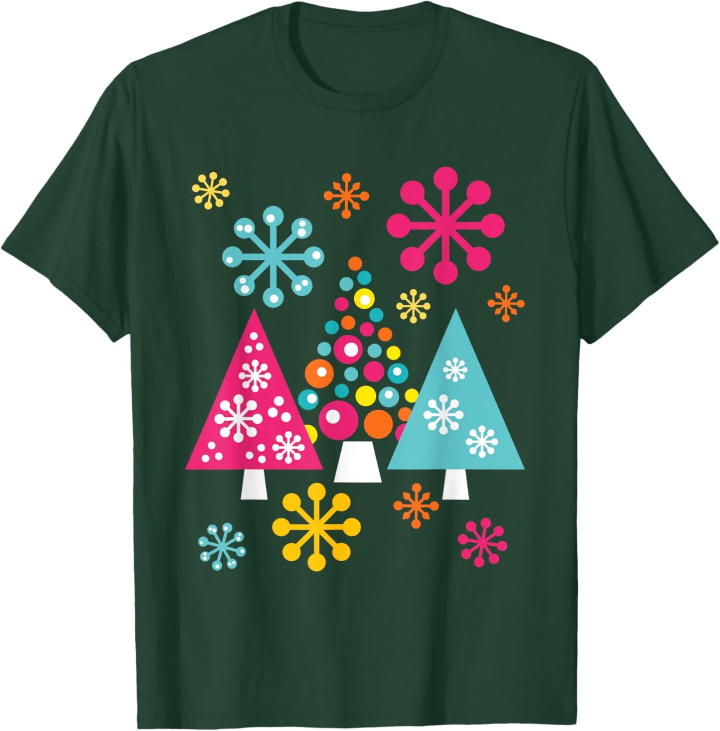 Groovy Retro Christmas Trees and Snowflakes T-Shirt - T-Shirt | Forest