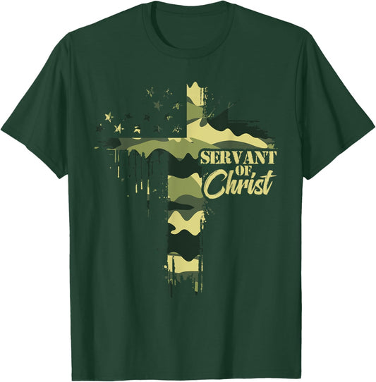 Camo Flag Camouflage Cross Christian Dad Servant of Christ T-Shirt - T-Shirt | Forest