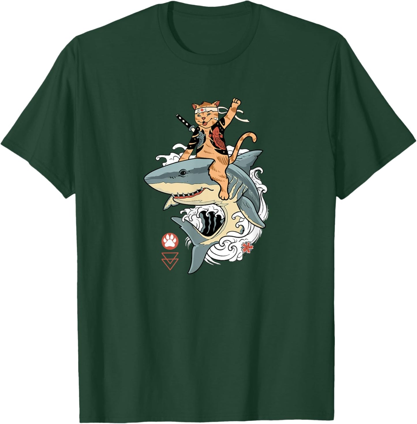 Samurai Cat Riding a Shark, Cat Warrior with Japanese Katana Men Women T-Shirt - T-Shirt | Forest