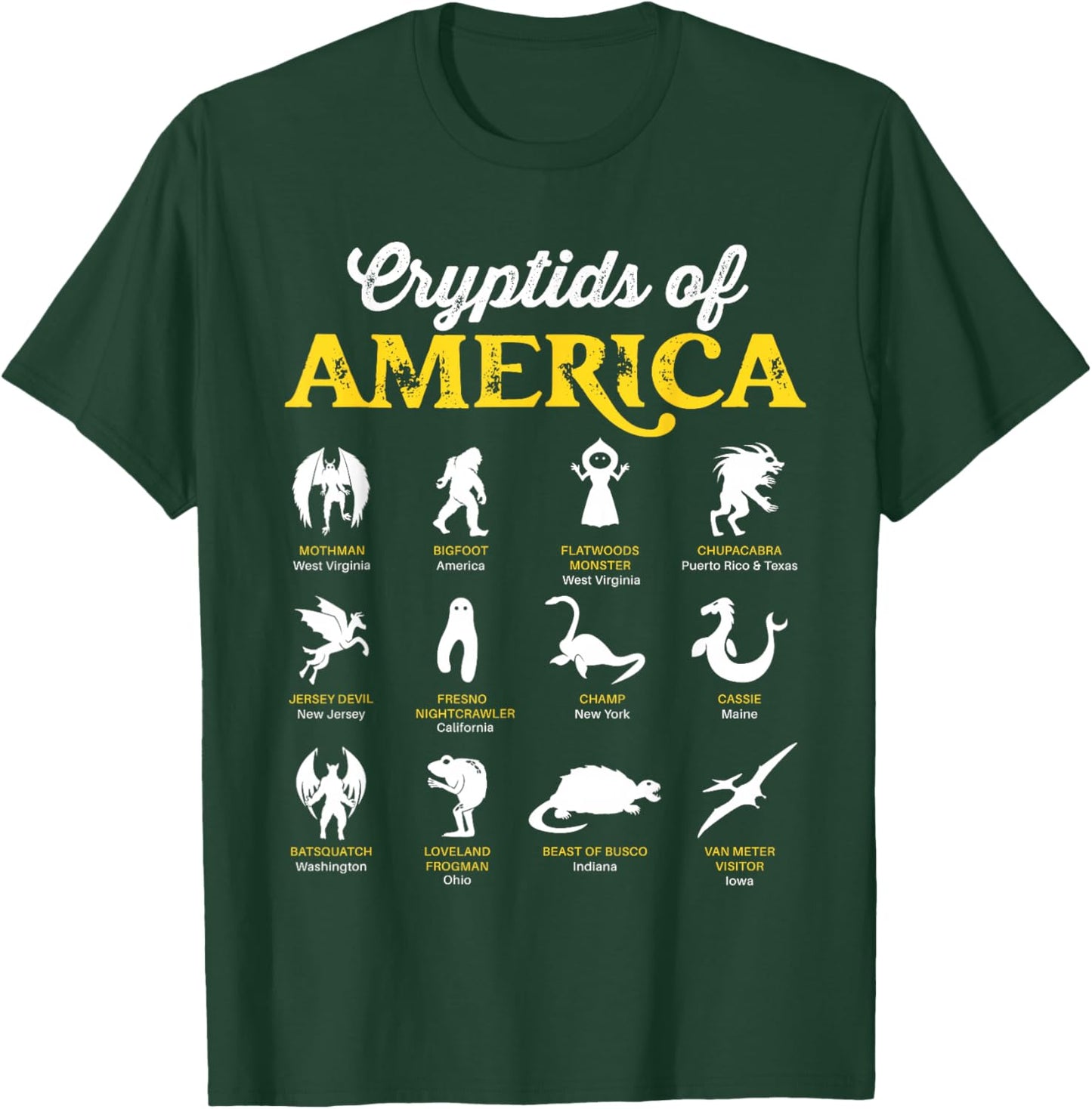 Cryptids of America Mothman Chupacabra Frogman Jersey Devil T-Shirt - T-Shirt | Forest
