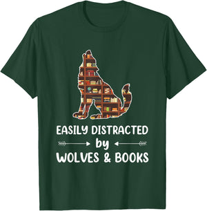 Easily Distracted by Wolves and Books Nerds Men Women Kids T-Shirt - T-Shirt | Forest