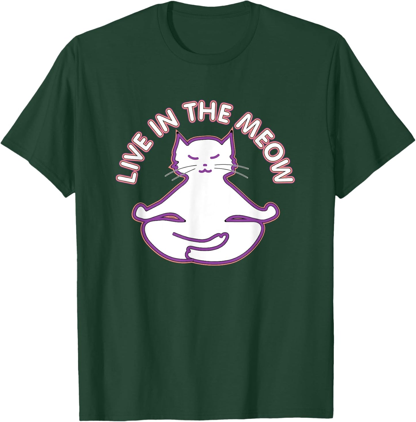 Yoga Teacher Gifts LAD Graphics Yoga Cat 'Live In The Meow' Yogi Kitty Meditation Black Women's Classic Fit Short Sleeve T-Shirt - T-Shirt | Forest
