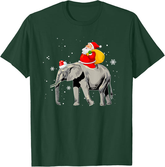Elephant Christmas Tree Light Hat Xmas Santa Riding Elephant T-Shirt - T-Shirt | Forest