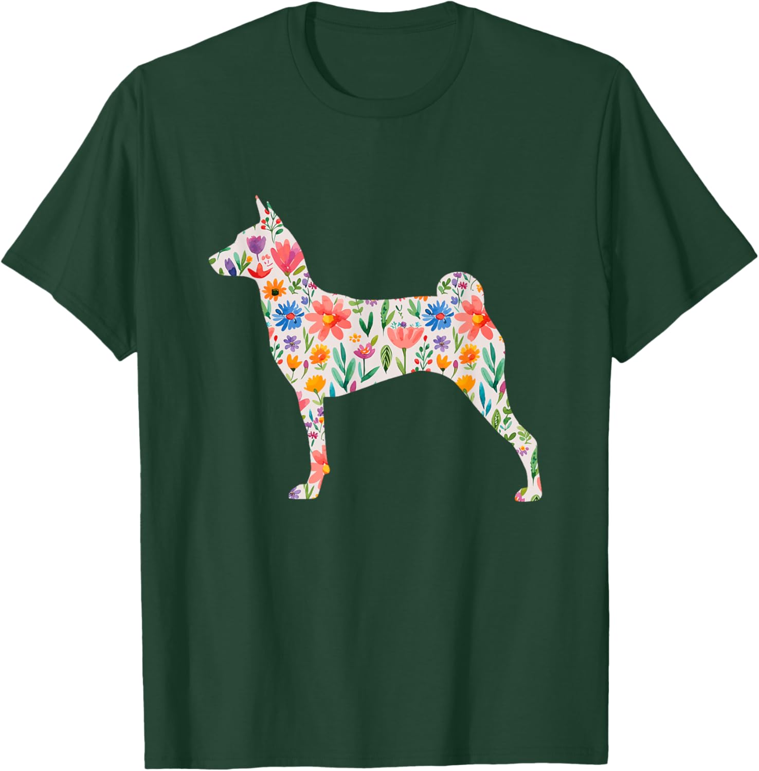 Miller Sye Basenji Dog Watercolor Flowers - Black, Small, -Adults, Short Sleeve, Classic Fit T-Shirt - T-Shirt | Forest