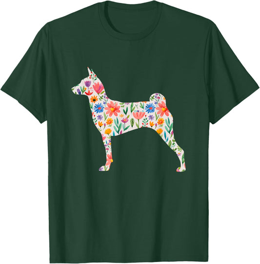 Miller Sye Basenji Dog Watercolor Flowers - Black, Small, -Adults, Short Sleeve, Classic Fit T-Shirt - T-Shirt | Forest